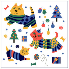 A New Year's, funny sat with family cats in carnaval costumas, christmas ball, gifts and a Christmas ball with geometric ornament. Stripes, circles, texture. For wrapping paper, textiles, decoration, 