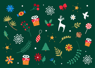 Christmas holiday background with deer, dove, fir trees, branches, flowers, sweets, Christmas tree decorations, gifts, snowflakes, stars in vector. Flat style. Festive texture.