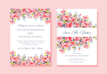 Fototapeta premium Watercolor Pink Wedding invitation with wild flowers and Save The Date cards, vector template.