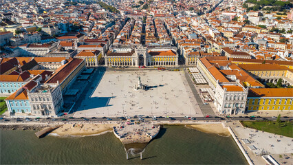 Aerial drone point of view of Commercio Square, Downtown Lisbon, Portugal. Panoramic view of cold...