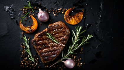 Grilled rib eye beef steak herbs and spices, Grilled rib eye beef steak with rosemary and marinated onion on a black stone table, Generative AI - obrazy, fototapety, plakaty