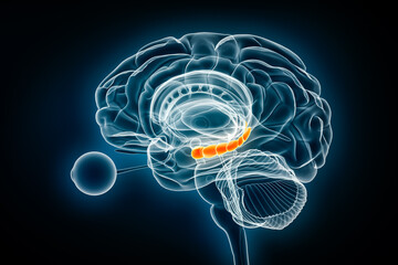 Hippocampus lateral x-ray view 3D rendering illustration. Human brain and limbic system anatomy, medical, healthcare, biology, science, neuroscience, neurology concepts.