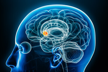 Nucleus Accumbens x-ray profile close-up view 3D rendering illustration with body contours. Human brain and basal ganglia anatomy, medical, biology, science, neuroscience, neurology concepts.