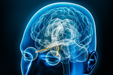 Xray view of the optic nerves with brain 3D rendering illustration. Human body and nervous system anatomy, medical, biology, science, neuroscience, neurology, ophthalmology concepts.