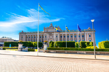 Riksplan park and Swedish parliament The Riksdag house front facade view