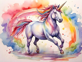 Obraz na płótnie Canvas fairy tale running colorful unicorn with a rainbow background. Watercolor painted illustration. Dreaming, magic land, kids birthday concept.