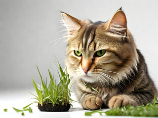 home domestic cat eats fresh green grass. Close up portrait
