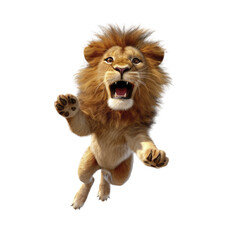 cute lion jumps and laughs on isolated transparent background