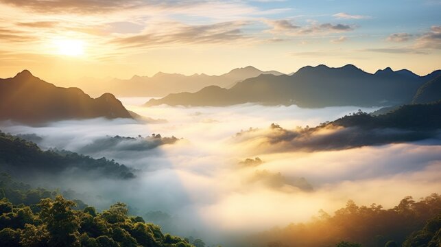 Deep tropical forest, mountains, sea of mist, morning sunrise, natural light.