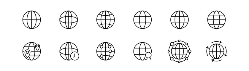 Globe icon set. Line globe icon. Web symbol. Planet earth. World globe in line. Editable stroke. Vector illustration.