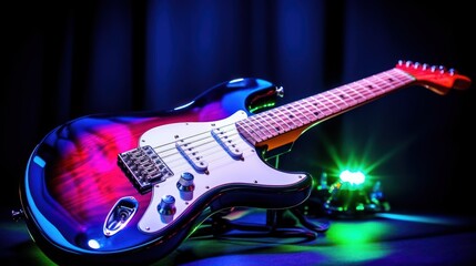Electric guitar on neon lights background dark background, electric guitar