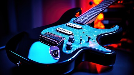 Fototapeta na wymiar Electric guitar on neon lights background dark background, electric guitar
