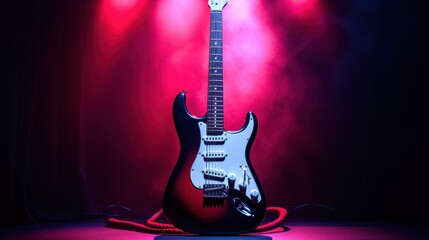 Electric guitar on neon lights background dark background, electric guitar