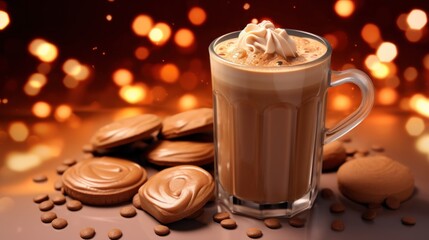 Cup of coffee with chocolate cookies and bokeh lights on background. Christmas Concept With Copy Space