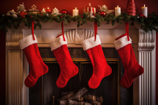 Hand knit wool Saint Nicholas day socks hanging on fireplace