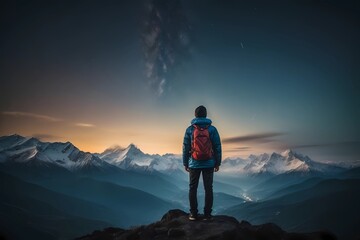 Back view of tourist standing on background of mountains and sky with glowing stars in night time.
Nature landscape, Mountains, a man looking away into the mountains on a starry night