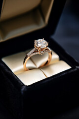 Close up of a stunning engagement ring in a box