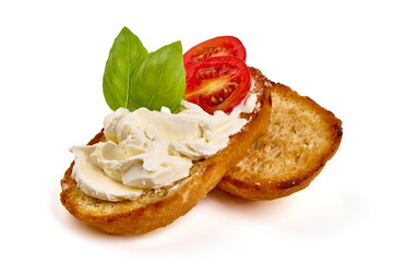 Bruschetta with cream cheese, isolated on white background. High resolution image.