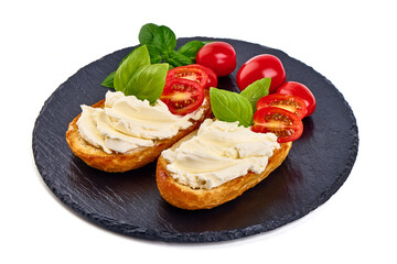 Crostini with cream cheese, isolated on white background. High resolution image.