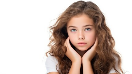 Fototapeta premium photo portrait of a beautiful young caucasian white American model teen girl looking forward. child ad with copy space, children, beauty, pretty