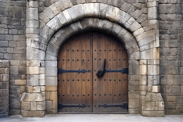 Medieval, majestic wooden castle entry door set within a stone archway, ancient and historical significance, adorned with metalwork.