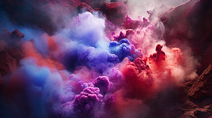 Magical volcanic eruption is the expulsion of colorful mist gases and Powders. - obrazy, fototapety, plakaty