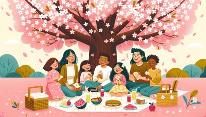 Obraz na płótnie Canvas Joyful Family Picnic: Diverse Descent Celebrating Spring under a Cherry Blossom Tree