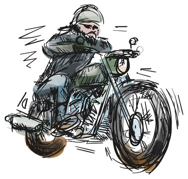 Biker motorcycle with powerful motor on speed road. Fast moto  illustration. Hand drawn paint art for print template.