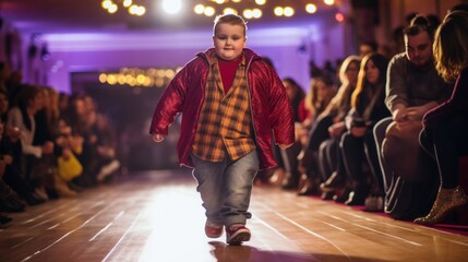 Fashion show: fat child model walking on the catwalk - Powered by Adobe