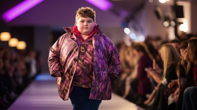 Fashion show: fat child model walking on the catwalk