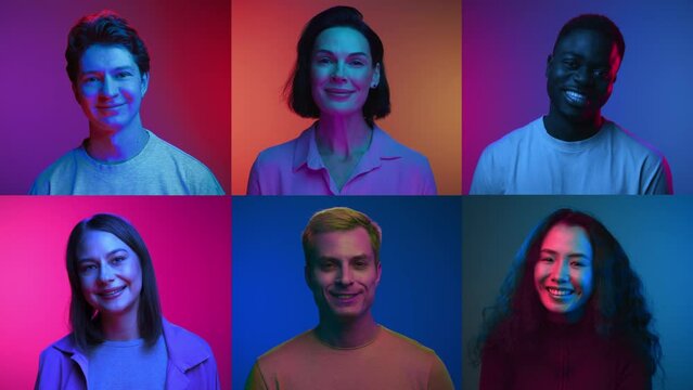 Multi Screen of Happy Portraits of Black Man and White Women Looking at Camera and Smiling in Neon Colored Light. Multiscreen Shot of People Diversity and Different Ages. Real Various Humans Together