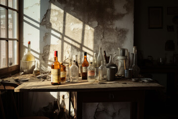 Old dirty kitchen with a lot of liquor bottles, concept of life ruined by alcohol