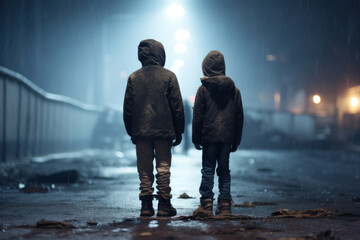 Two homeless kids in the street, foggy cold weather - obrazy, fototapety, plakaty