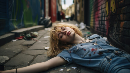 Fototapeta na wymiar Young girl addicted to opiates lying on the street - modern fentanyl epidemic concept
