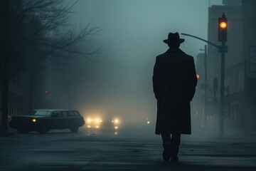 Spy, mafia member, criminal, suspicious person in hat or special agent, foggy evening - obrazy, fototapety, plakaty