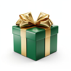 Obraz premium Green gift box with gold bow, isolated on white background.