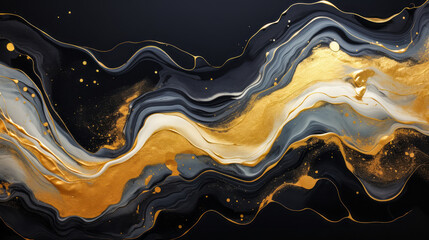 Abstract Marble Background: Black Waves, Gold Splashes in Luxurious Ink Painting - obrazy, fototapety, plakaty