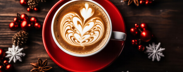 Warm festive latte art coffee in a red mug, surrounded by holiday ornaments, pinecones, and star anise. A cozy Christmas beverage setting on a rustic wooden table with a touch of holiday spirit.