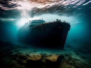 A large sunken ship at the bottom of the ocean