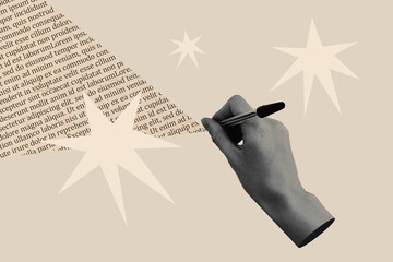 Collage abstract picture image illustration of author hands writing pen new page textbook poetry isolated on beige drawing background - obrazy, fototapety, plakaty
