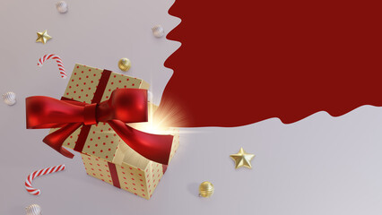 Merry Christmas and Happy New Year background. gift box, Holiday banner, 3D Render.