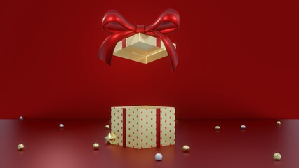 Open Gift Box, Merry Christmas and Happy New Year background. Holiday banner, 3D Render.