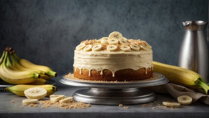 Bake banana cake on silver background, Banana and chocolate cake, Banana cake with whipped cream,...