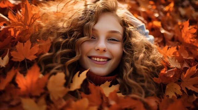Girl lying on the ground on autumn leaves Some bright orange-yellow maple leaves covered their faces.