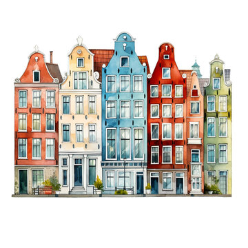 Amsterdam row of colorful tall and narrow buildings, dutch architecture houses in bright colors png isolated on a transparent background, watercolor clipart illustration