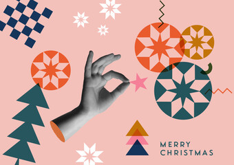 Human hand holding Christmas star in collage retro style vector illustration