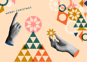 Human hand holding Christmas snowflake in collage retro style vector illustration
