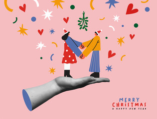 Christmas couple under mistletoe in collage retro style vector illustration