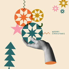 Human hand holding Christmas bauble in collage retro style vector illustration