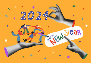 Happy New Year 2024 people dancing and hands in retro collage style